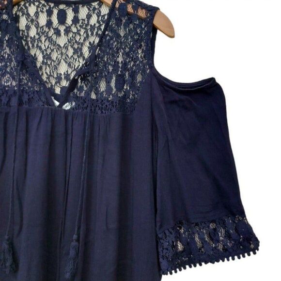 Heartloom Mini Dress Womens Large Navy Cold Shoulder Lined Bohemian Langenlook - Picture 4 of 12